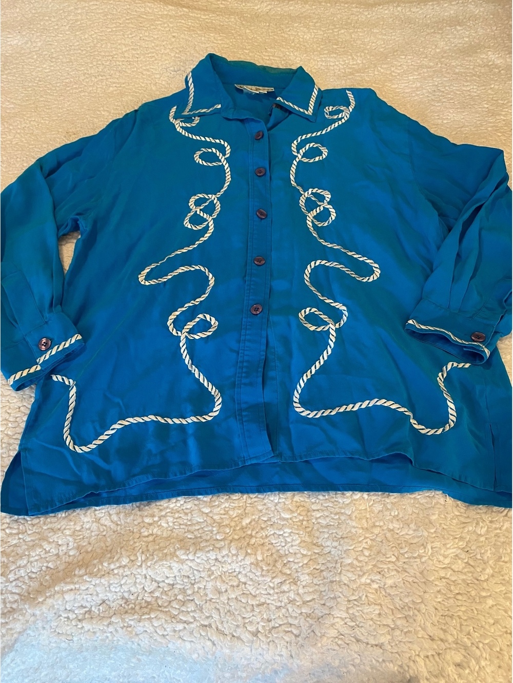Diane Von Furstenberg DVF Silk Blouse M Turquoise Blue White Rope Embroidery